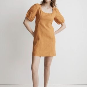 Madewell Parker Dress Mustard Yellow Linen Size 00 Puff Sleeve, Pockets, Spring